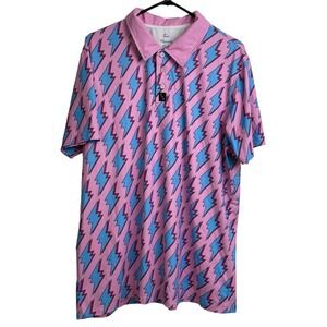 Two Friends Golf Polo Shirt Mens Small Blue Pink Athletic Printed Lightning Bolt